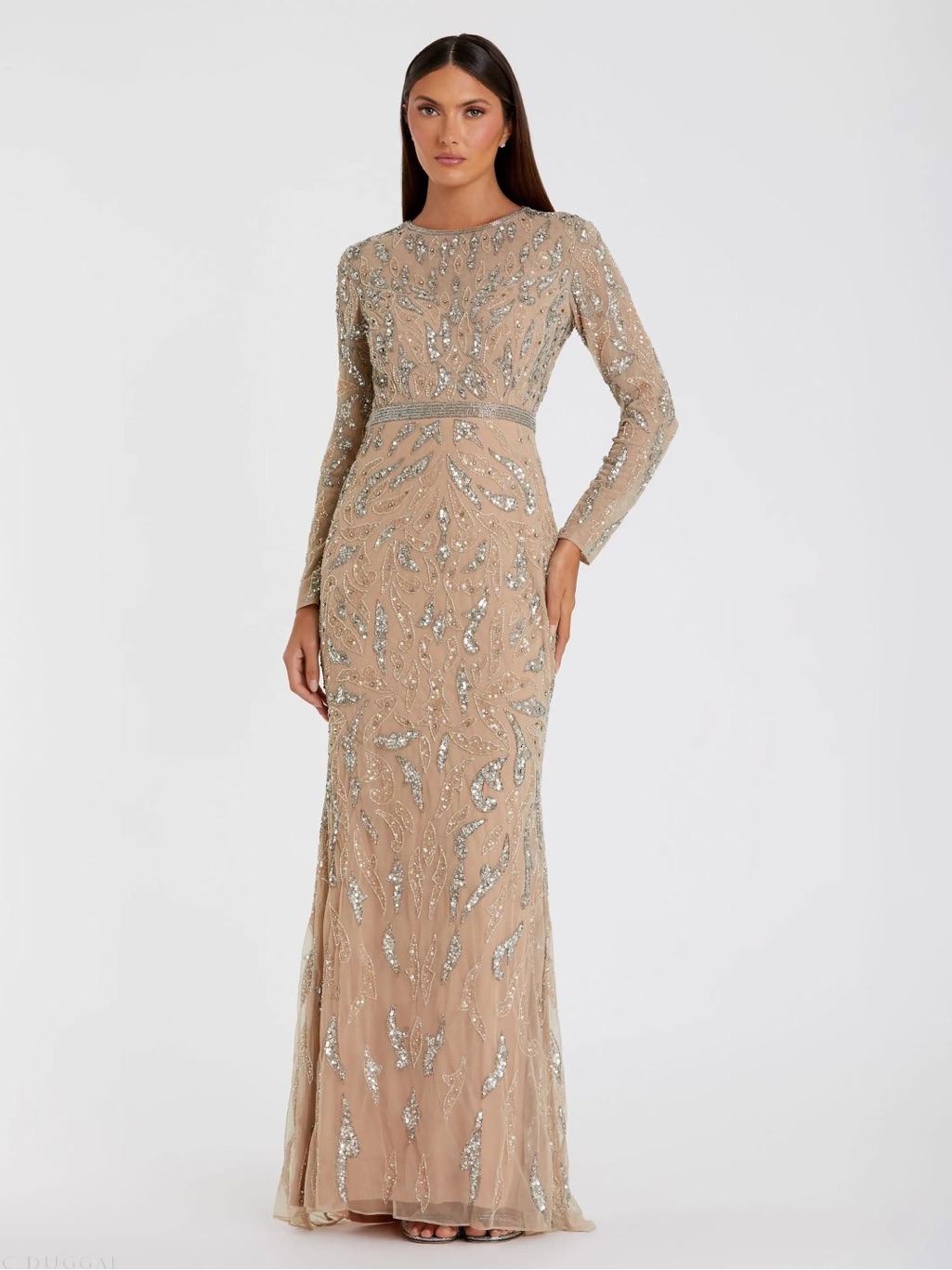 Mac Duggal 5124 Beige Long Sleeve Beaded Evening Gown Size 4 Nwt
